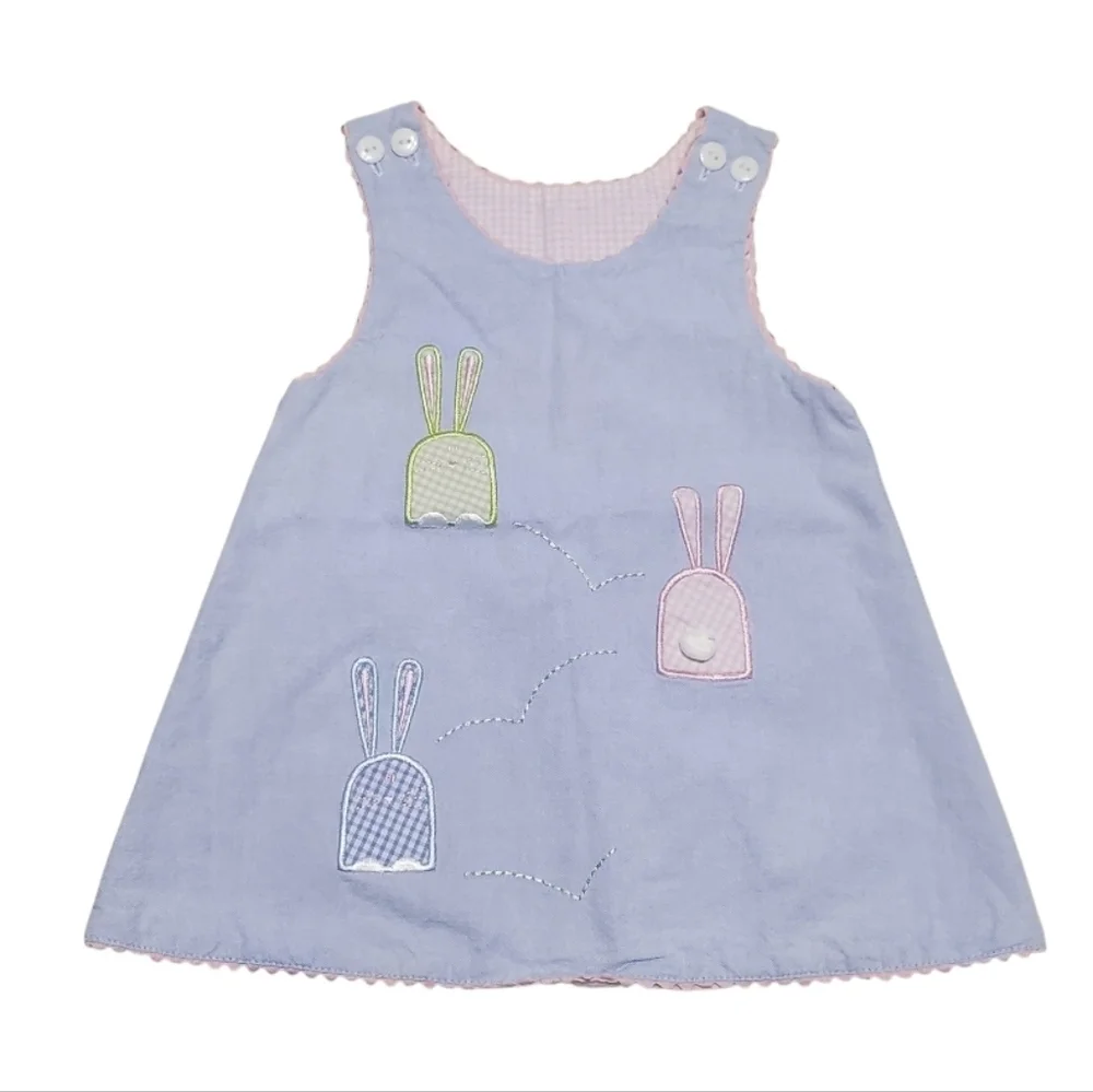 Vintage Girls Easter Bunny Applique Reversible Jumper Dress 24M 2T